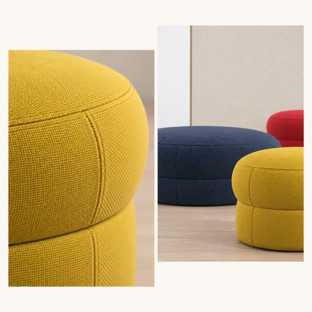 Due frammenti: il dettaglio del pouf giallo e i pouf nel contesto