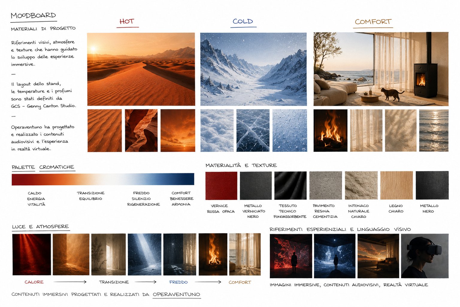 Moodboard: riferimenti per caldo, freddo e comfort, palette cromatica e materiali