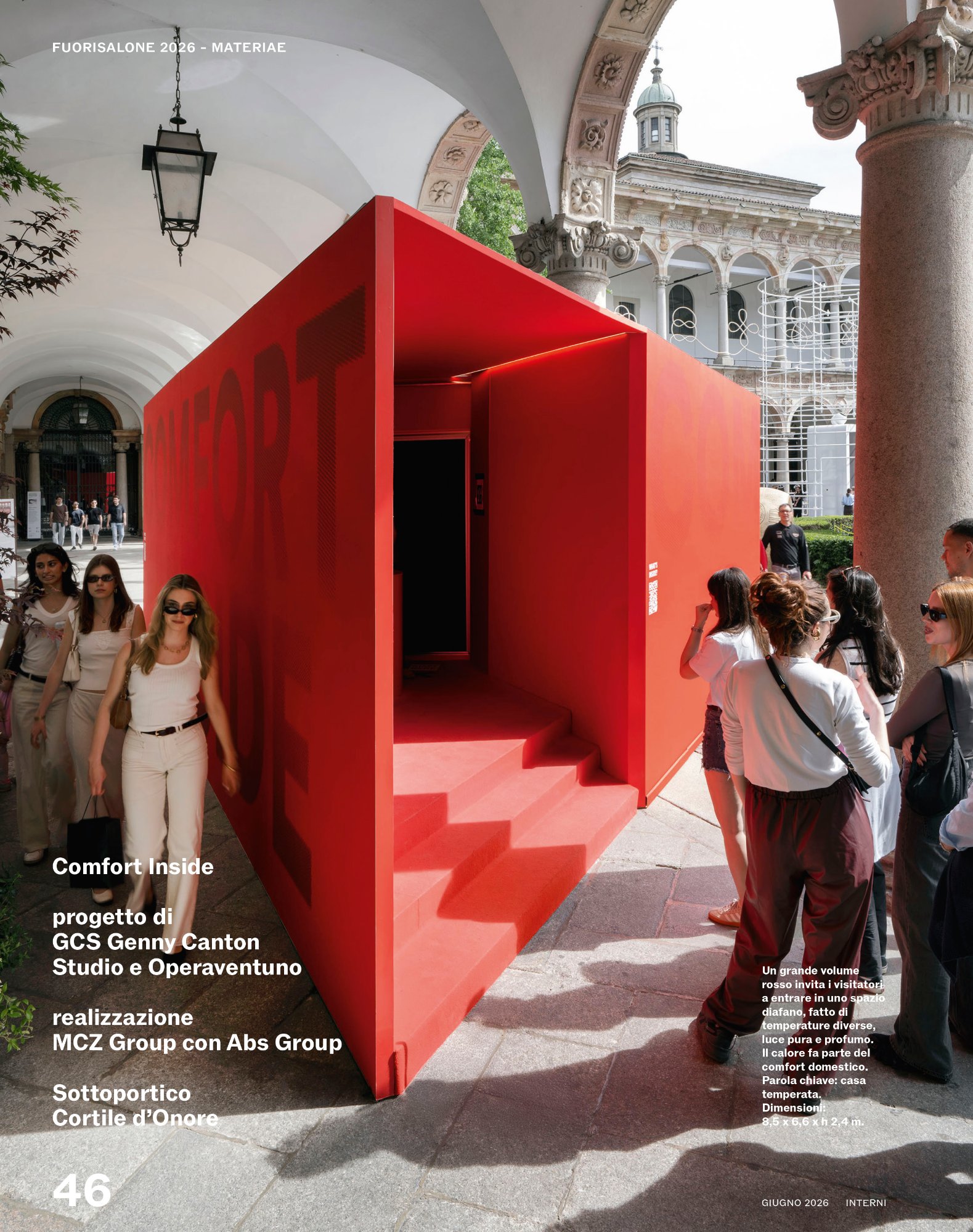 La pagina di INTERNI dedicata a Comfort Inside, con lo stand rosso sotto il portico